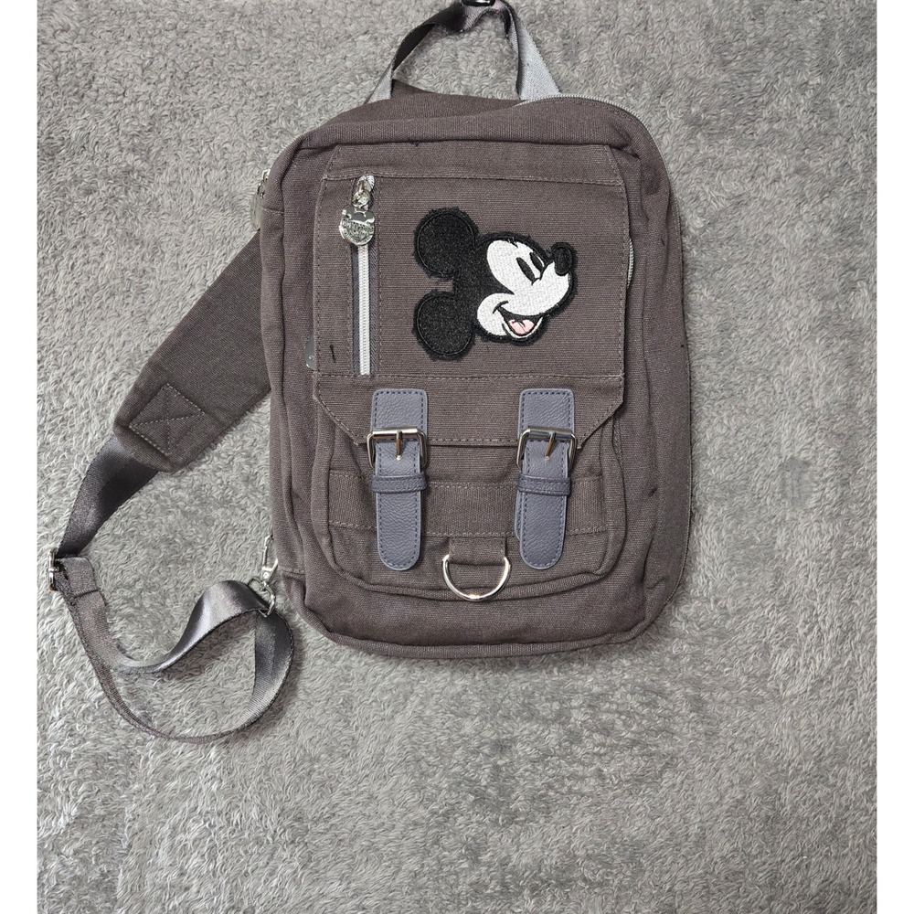 Disney Pin Trading Mickey Mouse Canvas Sling Bag Gray Crossbody Pin Collector